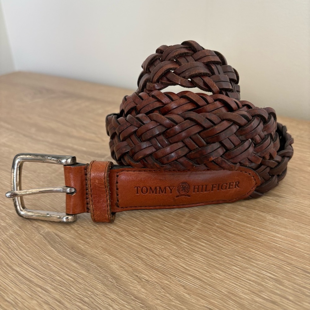 Tommy Hilfiger Brown Braided Leather Belt Mens Size 42 Woven Preppy